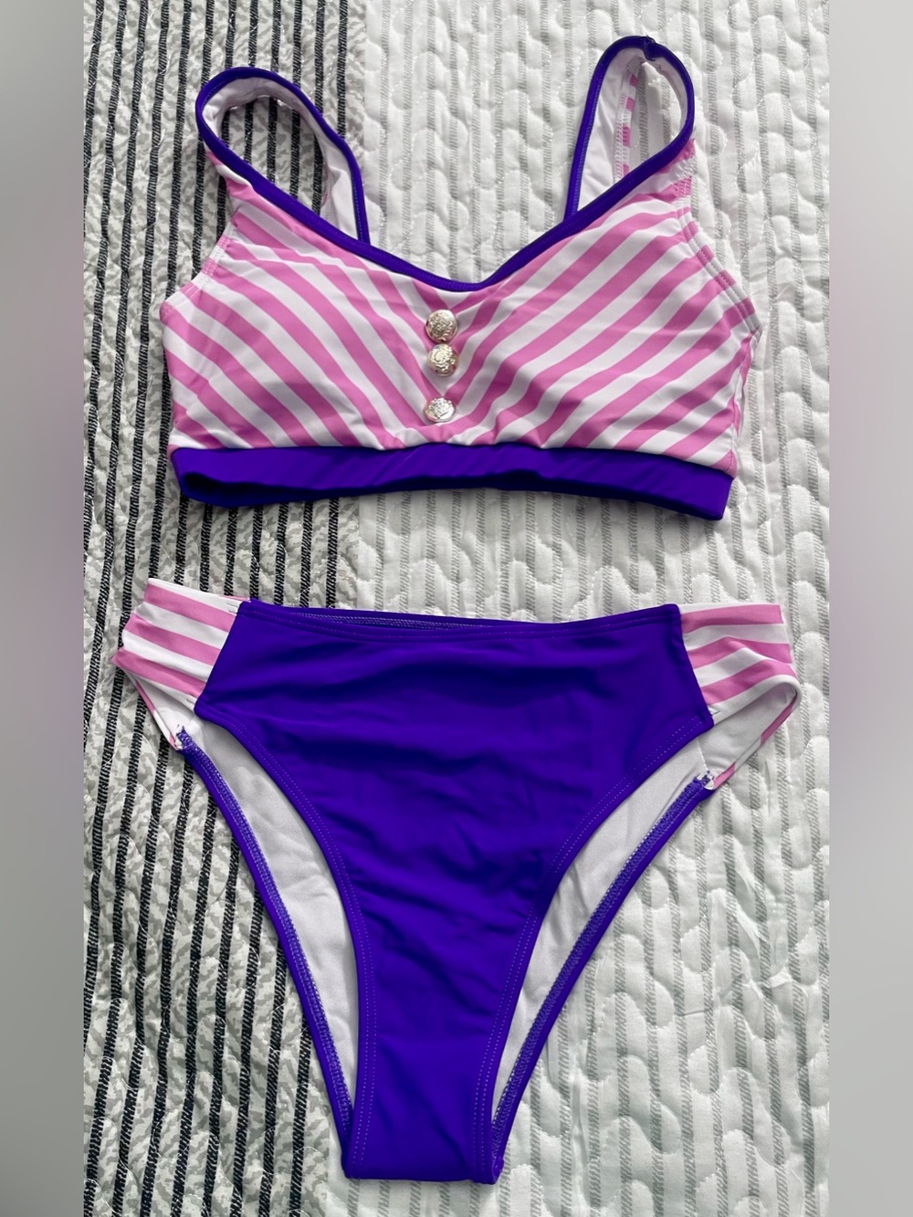 Amazon Pink & Purple Striped Two-Piece Bikini with Gold Button Detail - NWOT - S